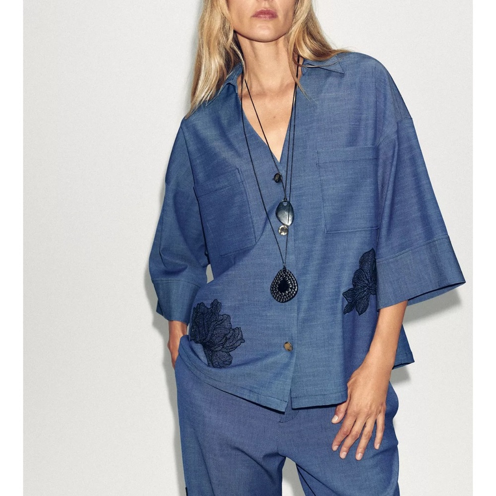Zara 2 Piece Matching Set Floral Kimono Shirt & Wide Leg Pants Denim Blue NWT - Picture 4 of 13